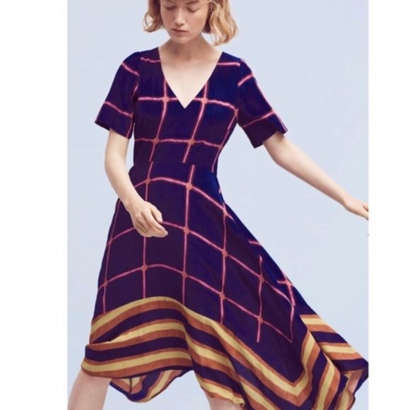 anthropologie HD in Paris blue & pink striped pane midi dress womens 8 - Picture 2 of 9
